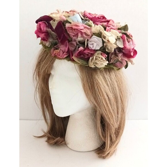 VTG Marche Floral Pillbox Hat Multi Overall 3D Flowers 50-60s Union Made USA - Picture 2 of 9